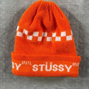 Stussy Beanie Hat Orange Knit Checkerboard Winter OS Punk Grunge Skater